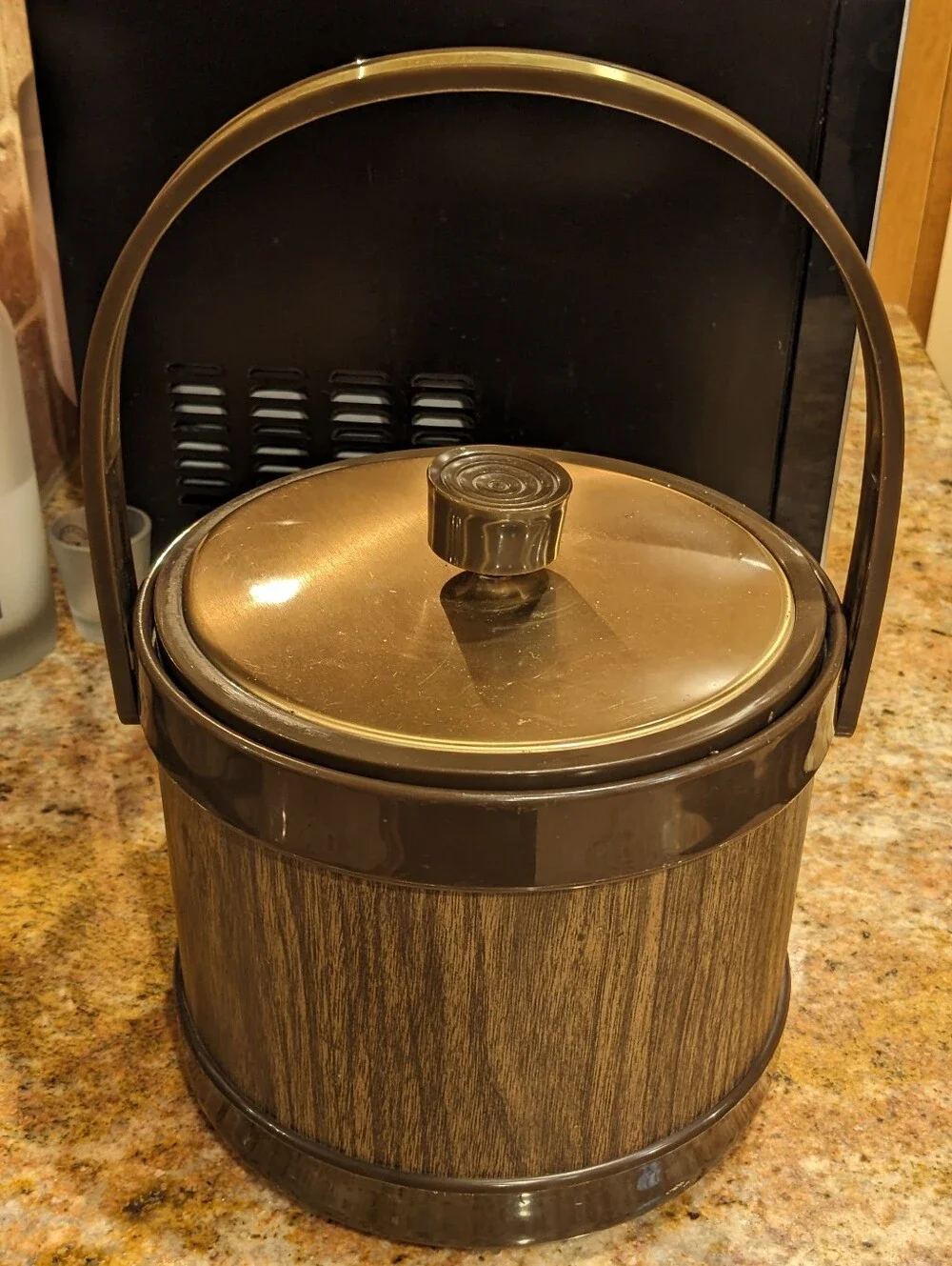 Vintage Atapco Ice Bucket Lid Handle Faux Wood Grain Faux Brass Accent Pre-owned